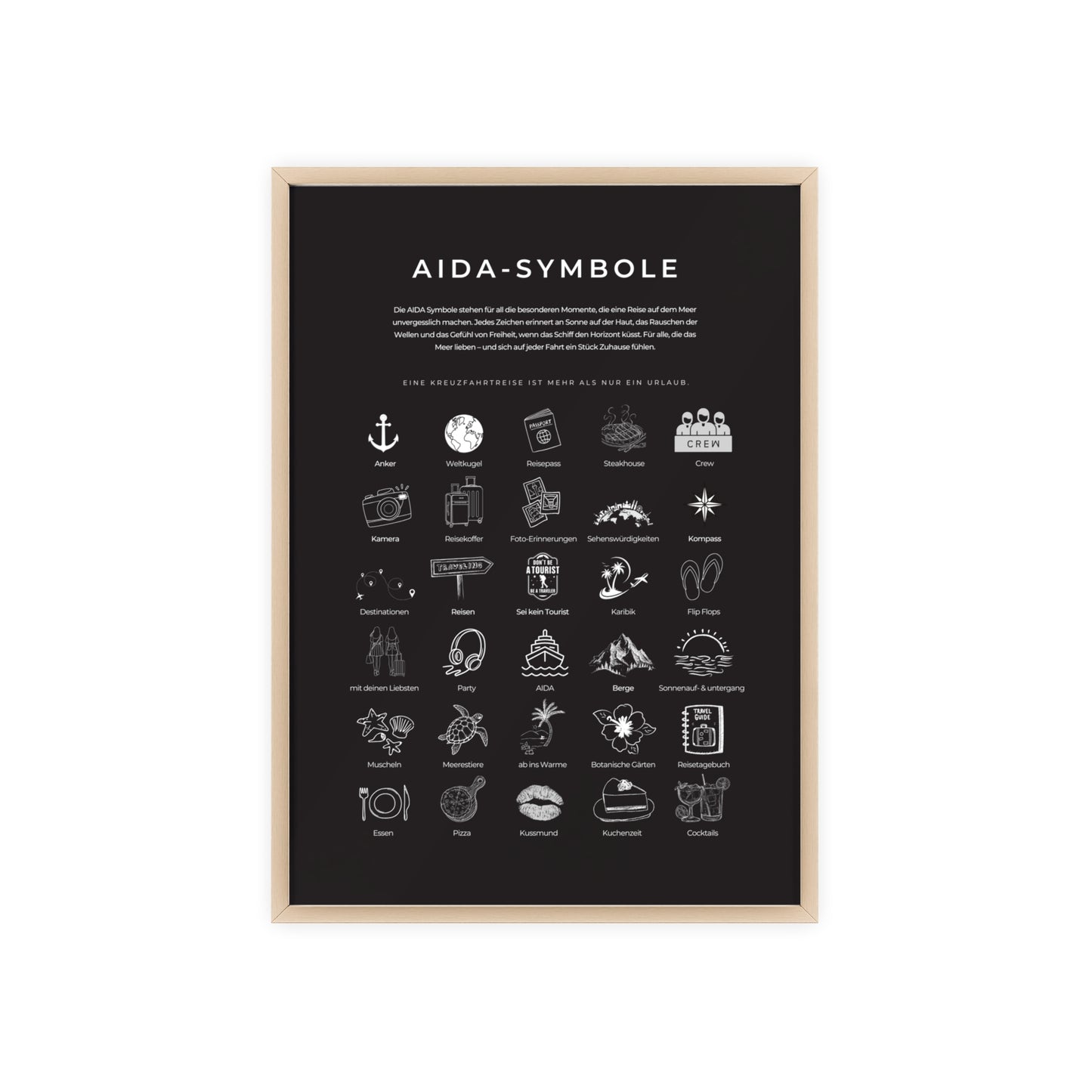 Wandposter mit Holzrahmen - AIDA & Reisesymbole schwarz