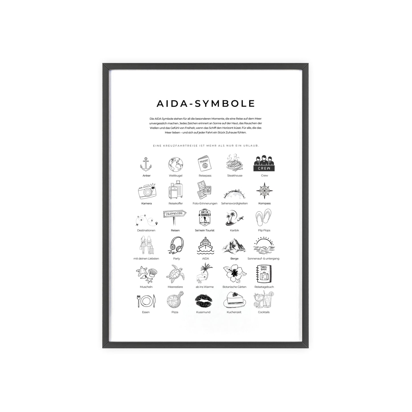 Wandposter mit Holzrahmen - AIDA und Reisesymbole