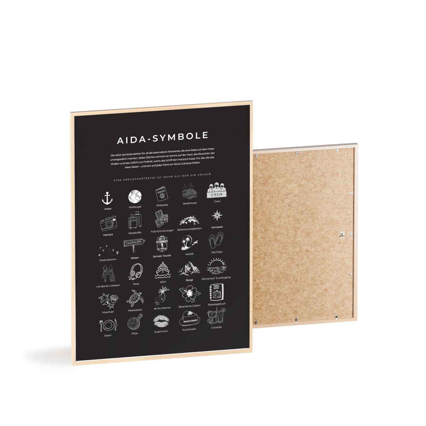 Wandposter mit Holzrahmen - AIDA & Reisesymbole schwarz