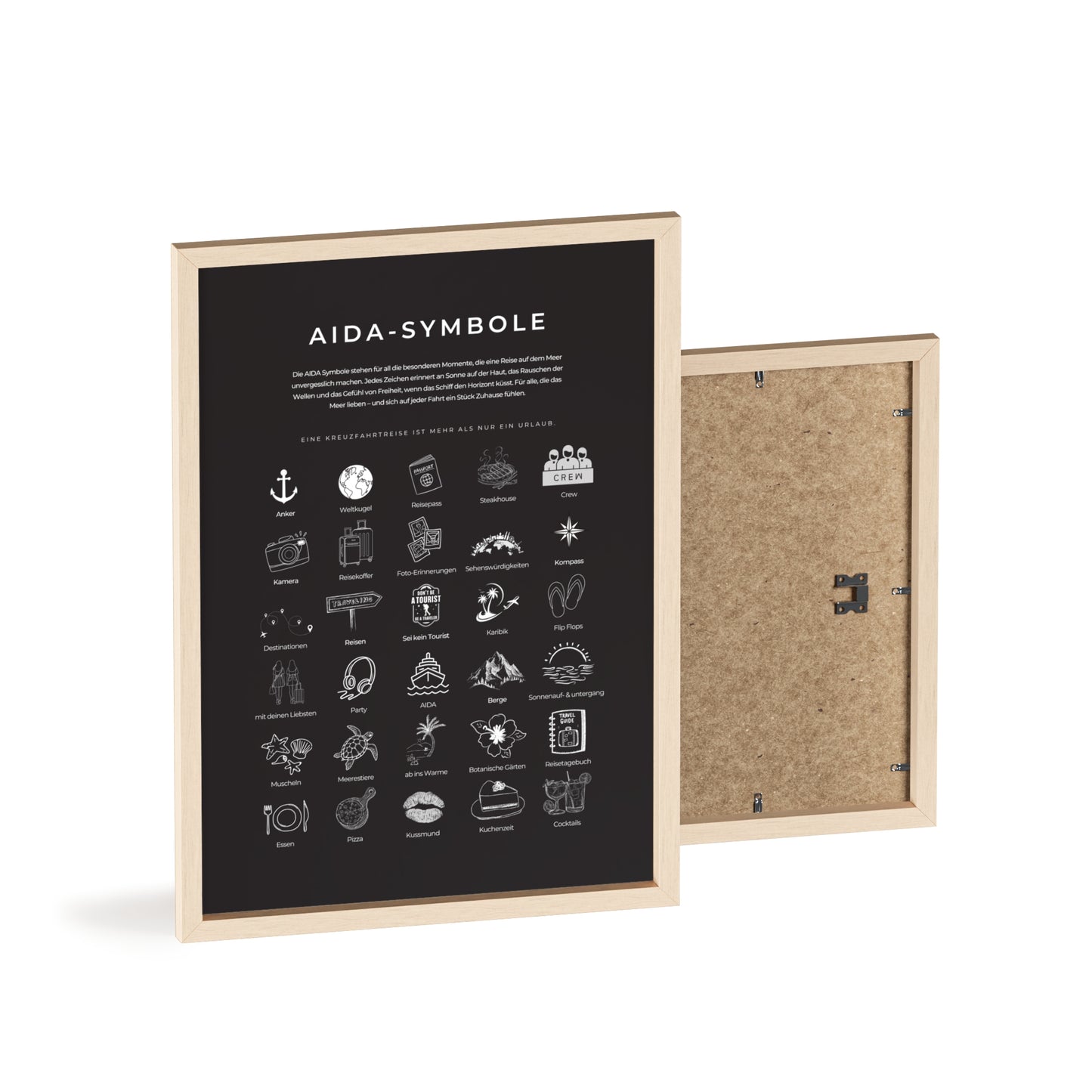 Wandposter mit Holzrahmen - AIDA & Reisesymbole schwarz