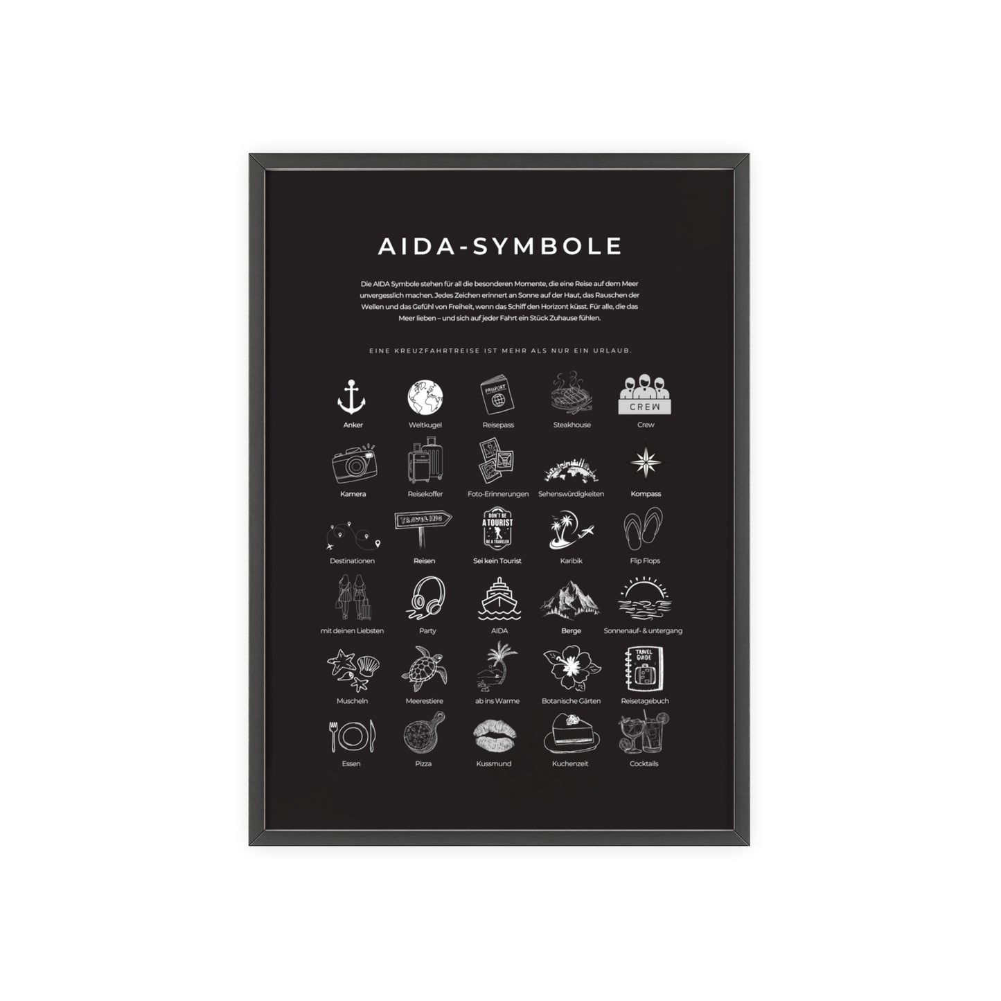 Wandposter mit Holzrahmen - AIDA & Reisesymbole schwarz