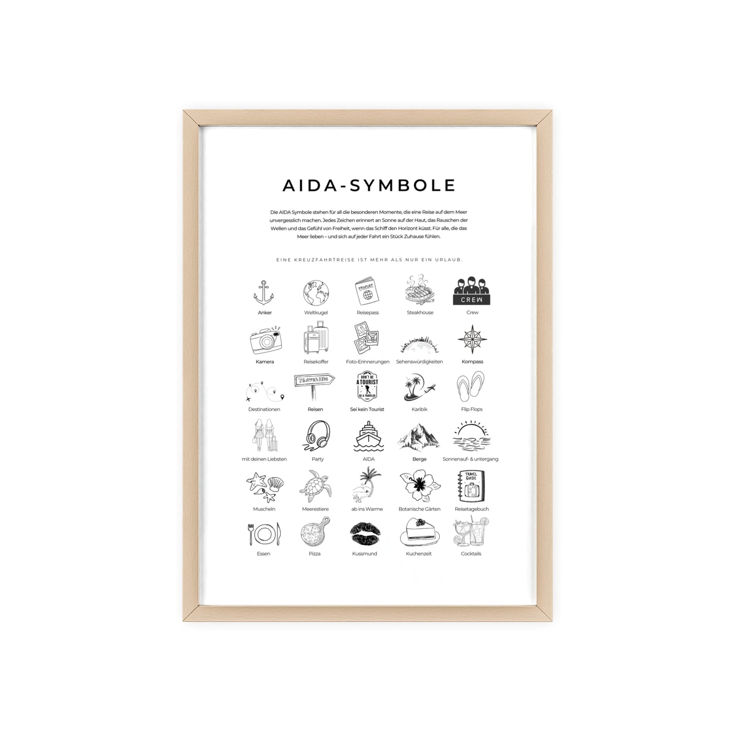 Wandposter mit Holzrahmen - AIDA und Reisesymbole