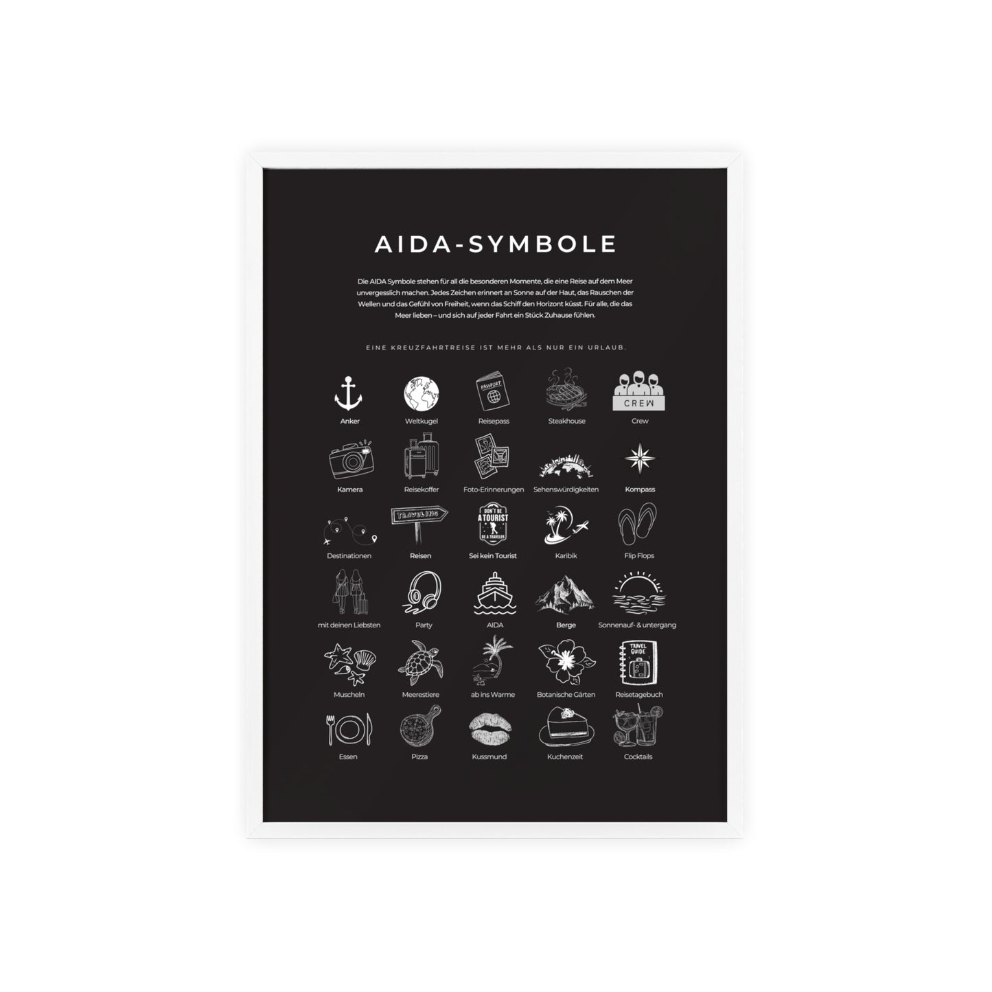 Wandposter mit Holzrahmen - AIDA & Reisesymbole schwarz