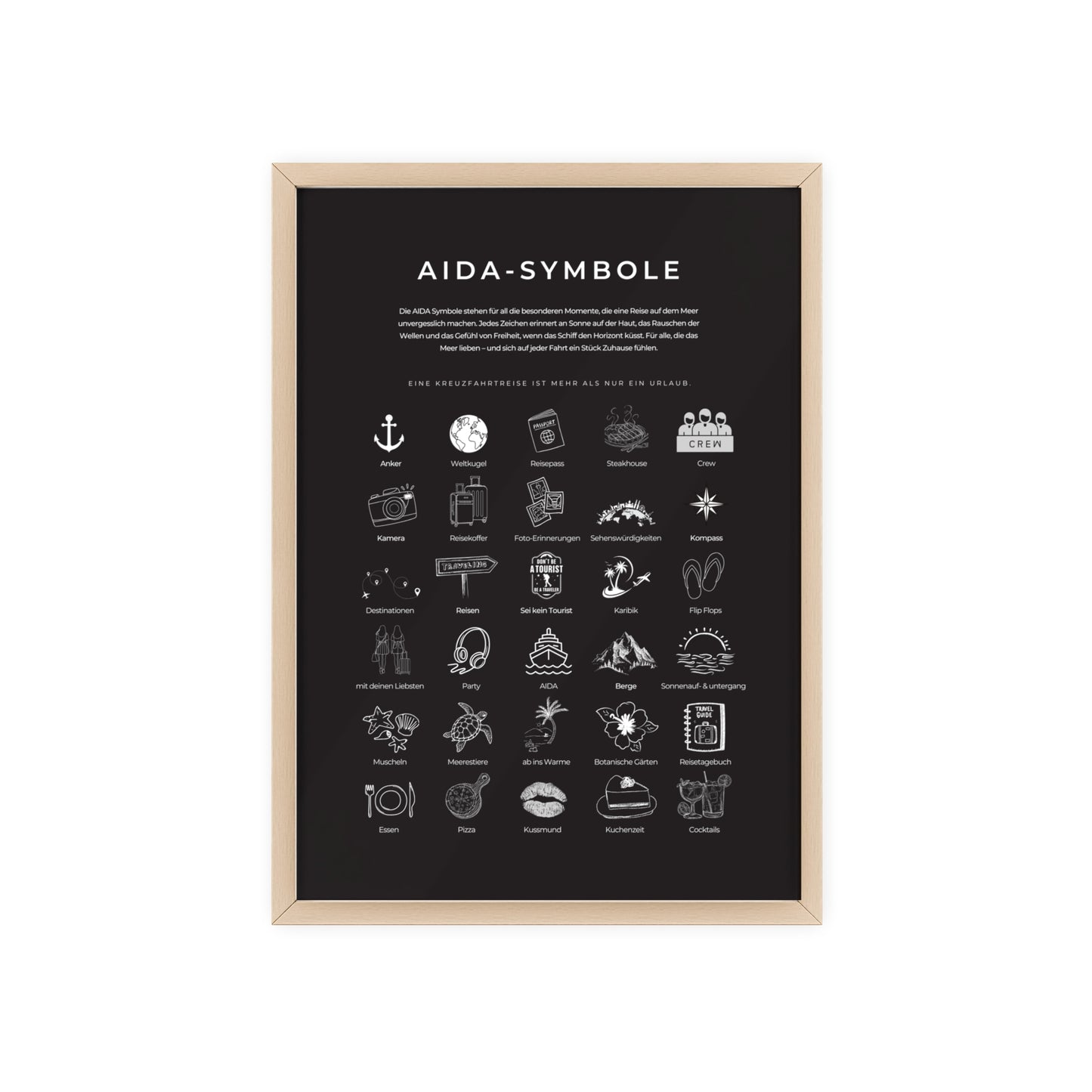 Wandposter mit Holzrahmen - AIDA & Reisesymbole schwarz
