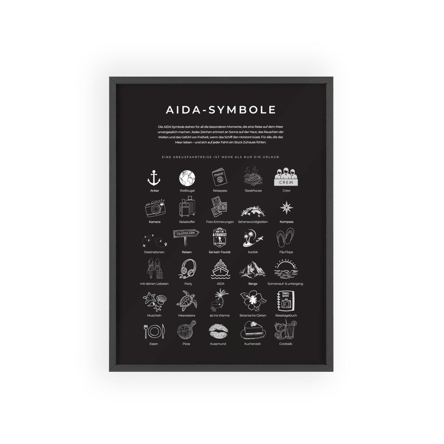 Wandposter mit Holzrahmen - AIDA & Reisesymbole schwarz