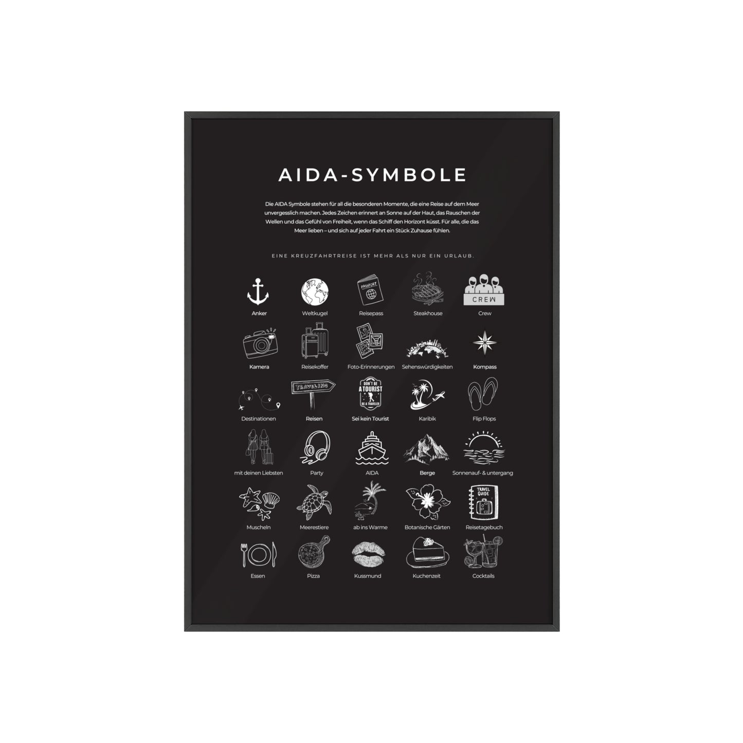 Wandposter mit Holzrahmen - AIDA & Reisesymbole schwarz