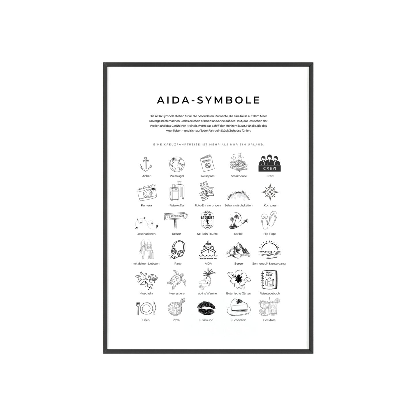 Wandposter mit Holzrahmen - AIDA und Reisesymbole