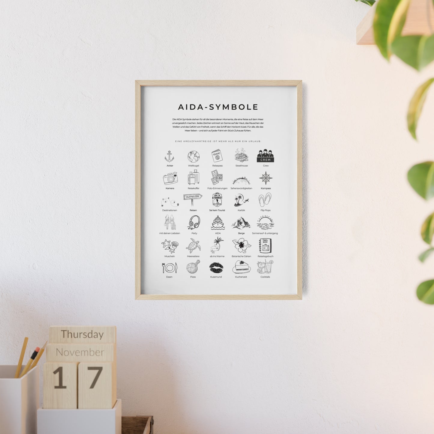 Wandposter mit Holzrahmen - AIDA und Reisesymbole