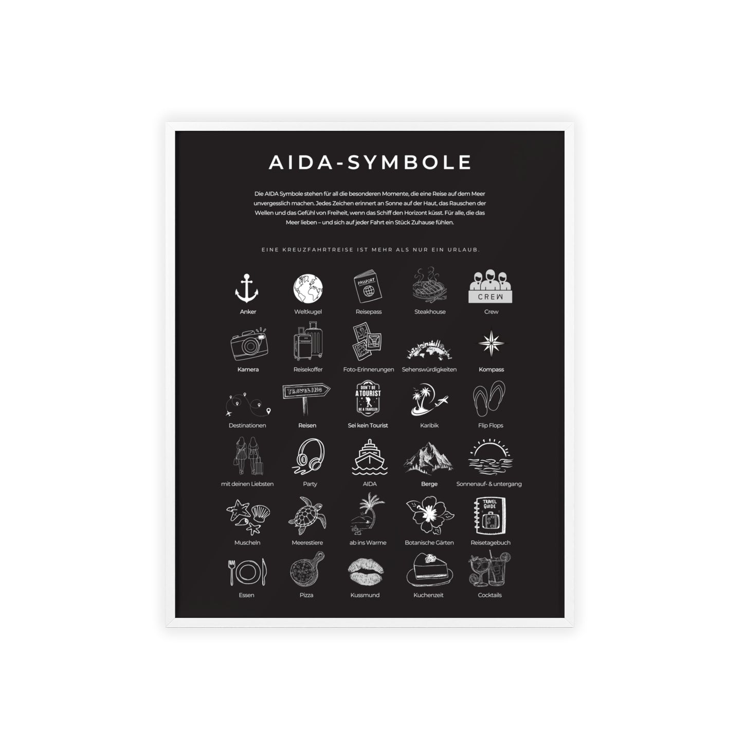 Wandposter mit Holzrahmen - AIDA & Reisesymbole schwarz