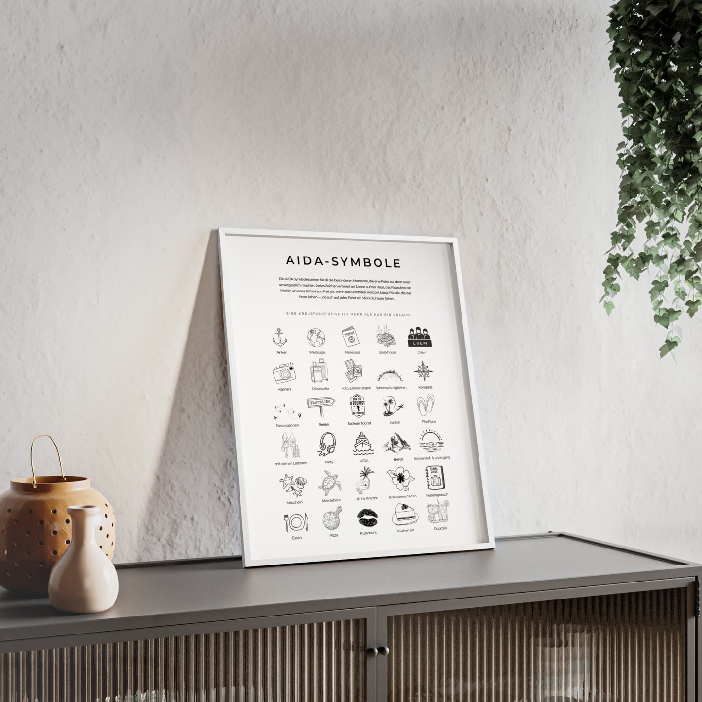Wandposter mit Holzrahmen - AIDA und Reisesymbole