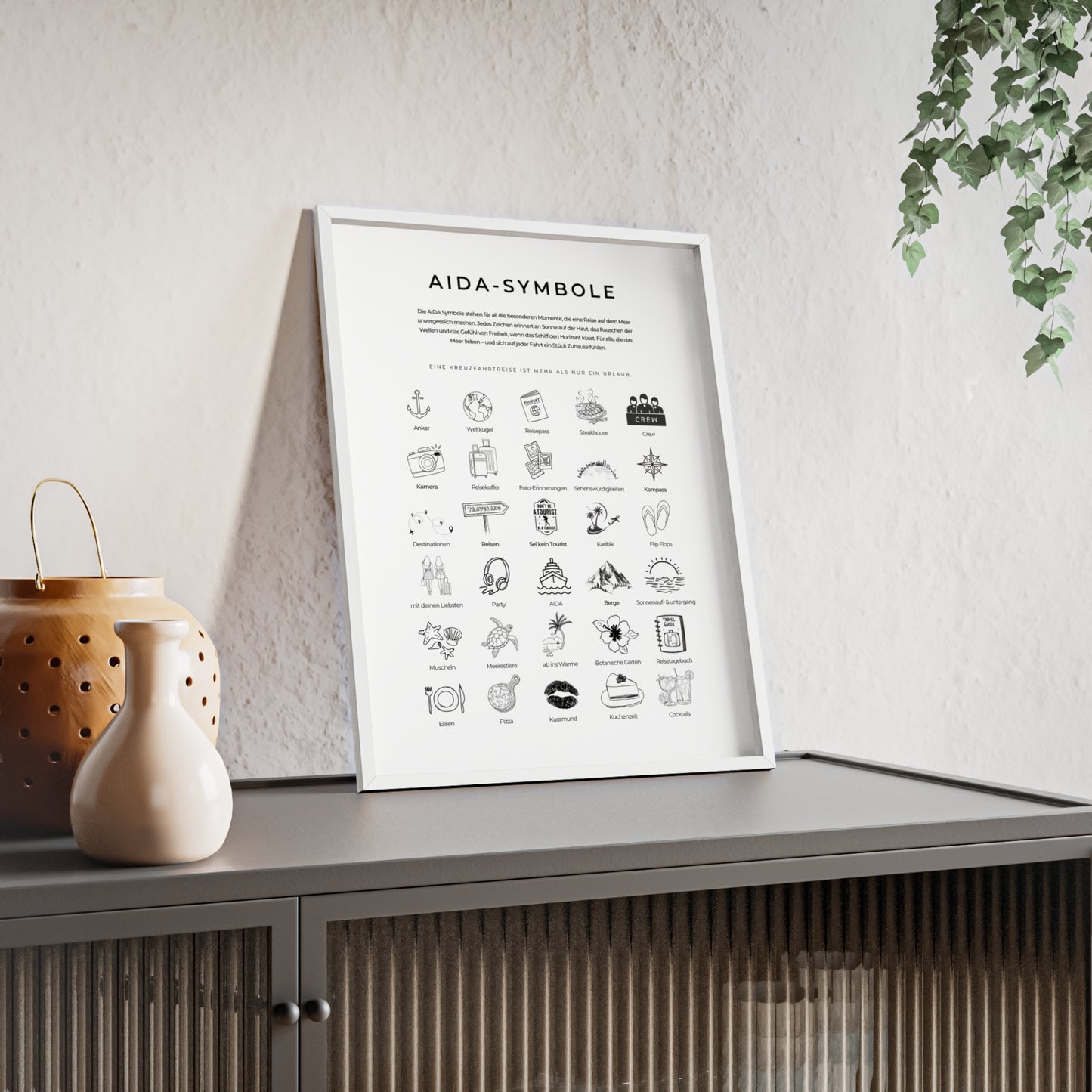 Wandposter mit Holzrahmen - AIDA und Reisesymbole