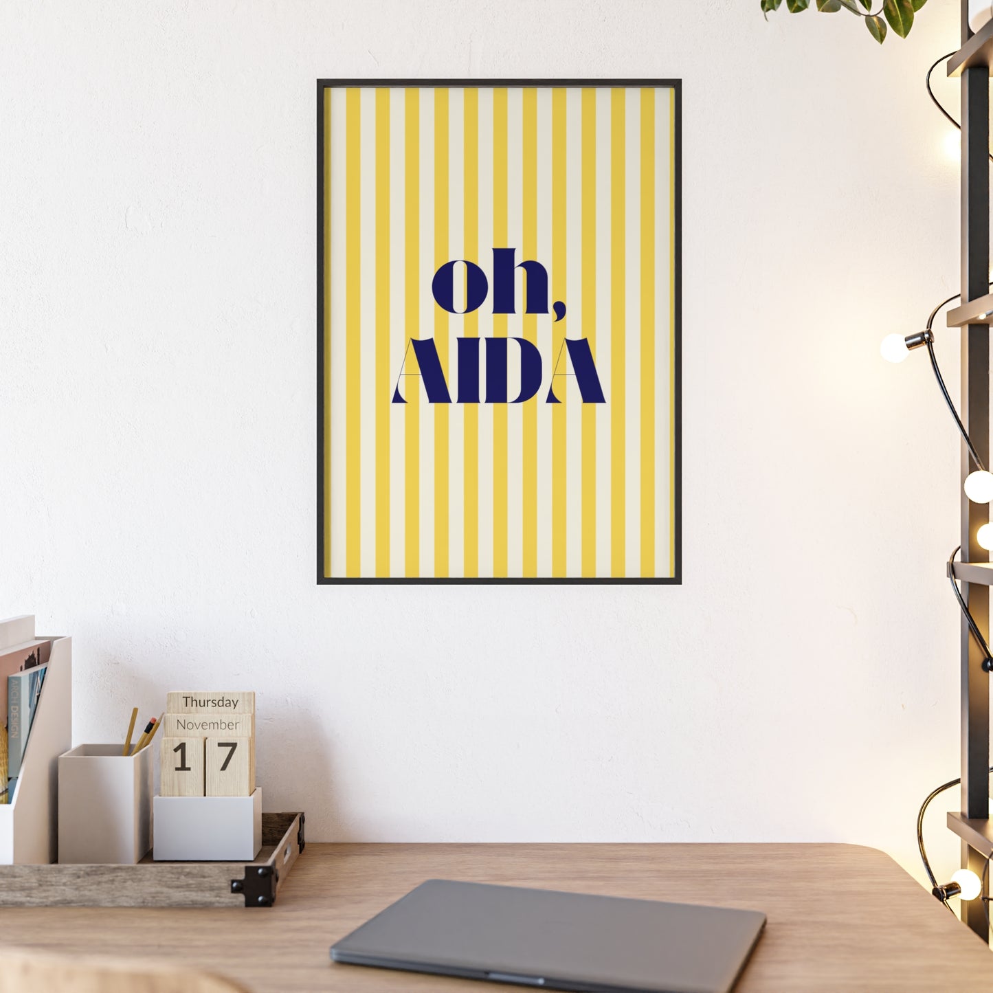 Poster with Wooden Frame - OH AIDA Yellow White Stripes