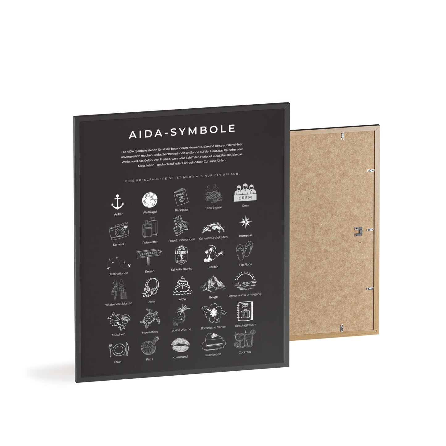 Wandposter mit Holzrahmen - AIDA & Reisesymbole schwarz