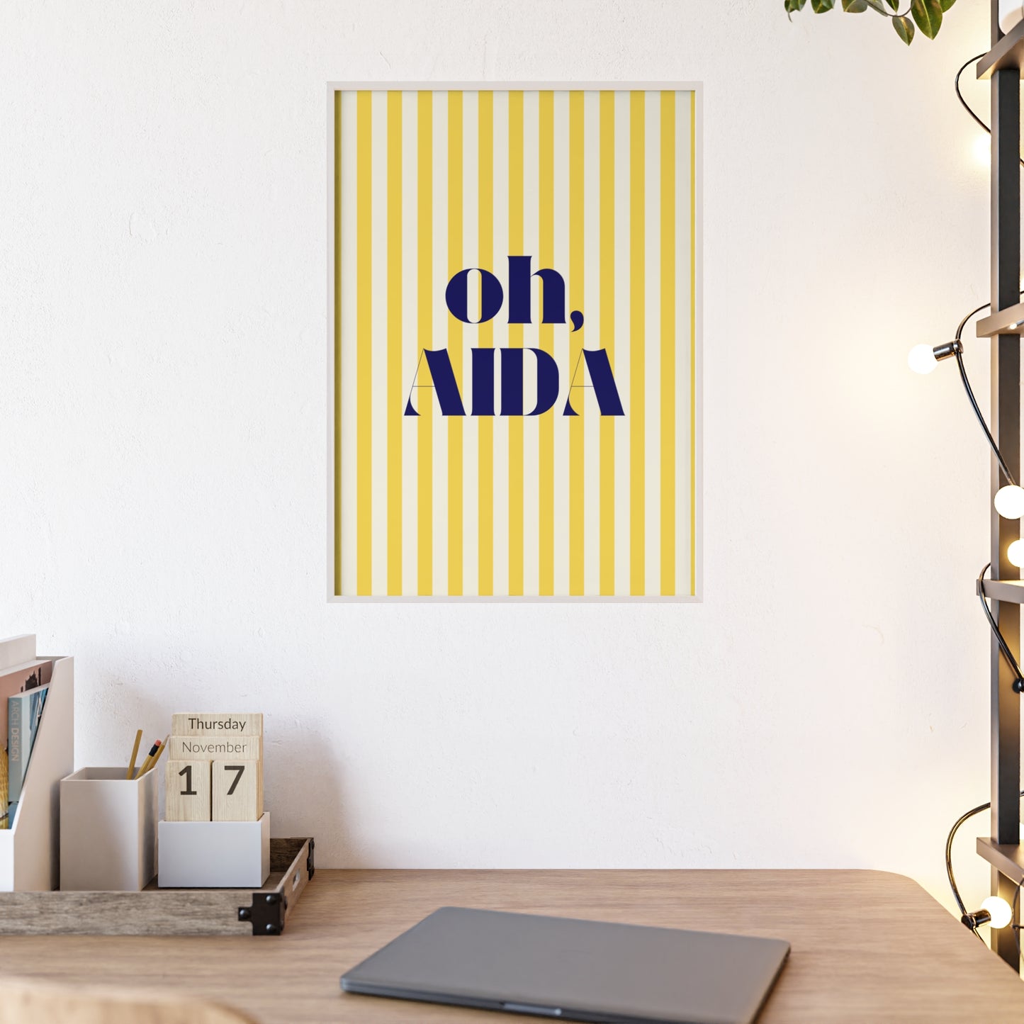 Poster with Wooden Frame - OH AIDA Yellow White Stripes