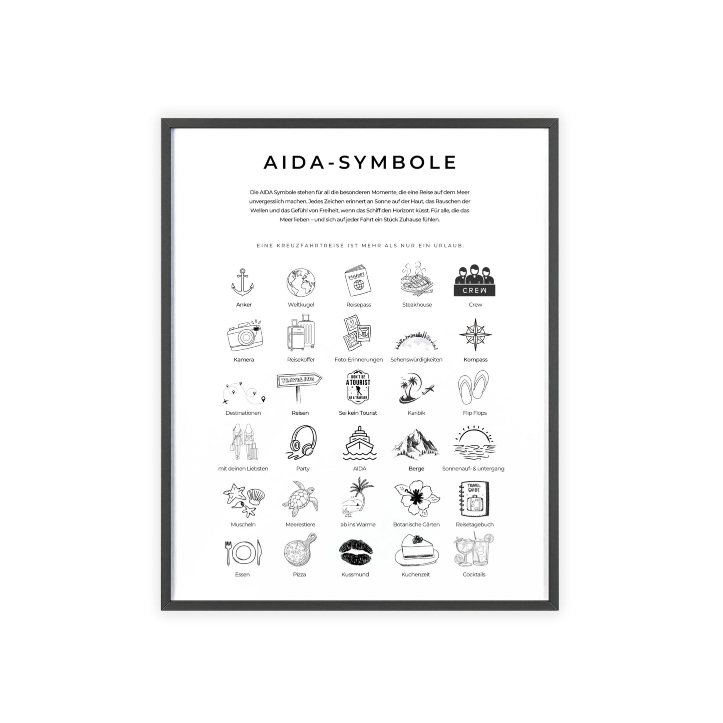 Wandposter mit Holzrahmen - AIDA und Reisesymbole
