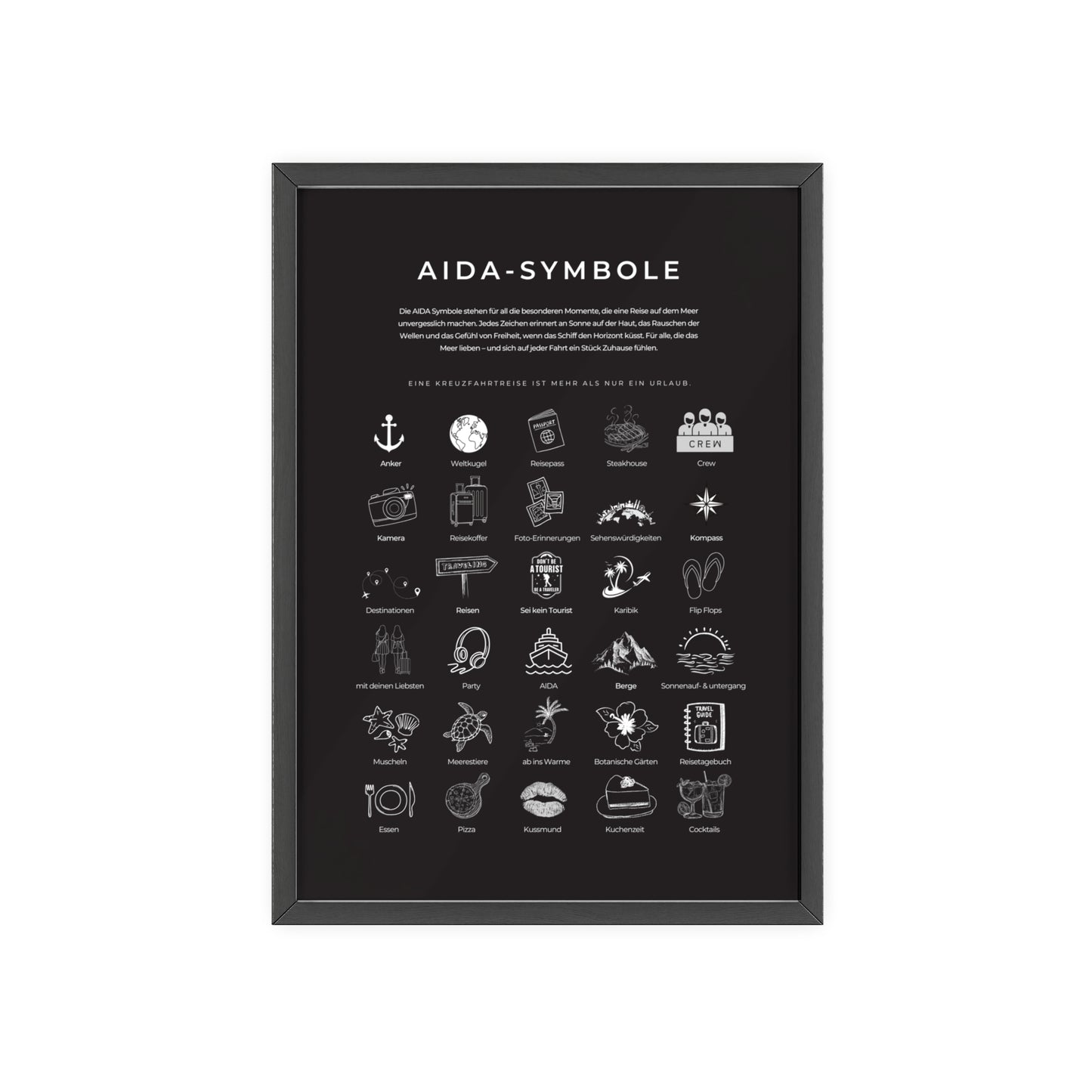 Wandposter mit Holzrahmen - AIDA & Reisesymbole schwarz