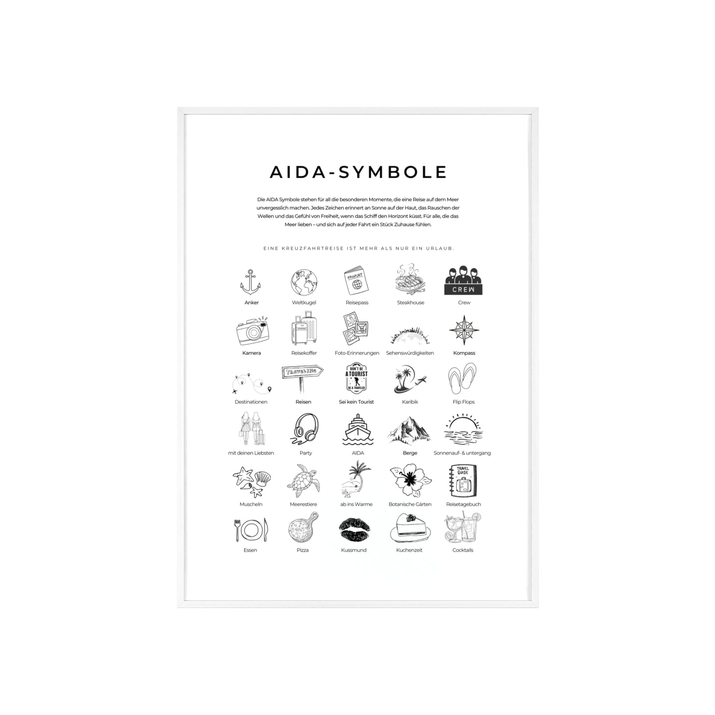 Wandposter mit Holzrahmen - AIDA und Reisesymbole