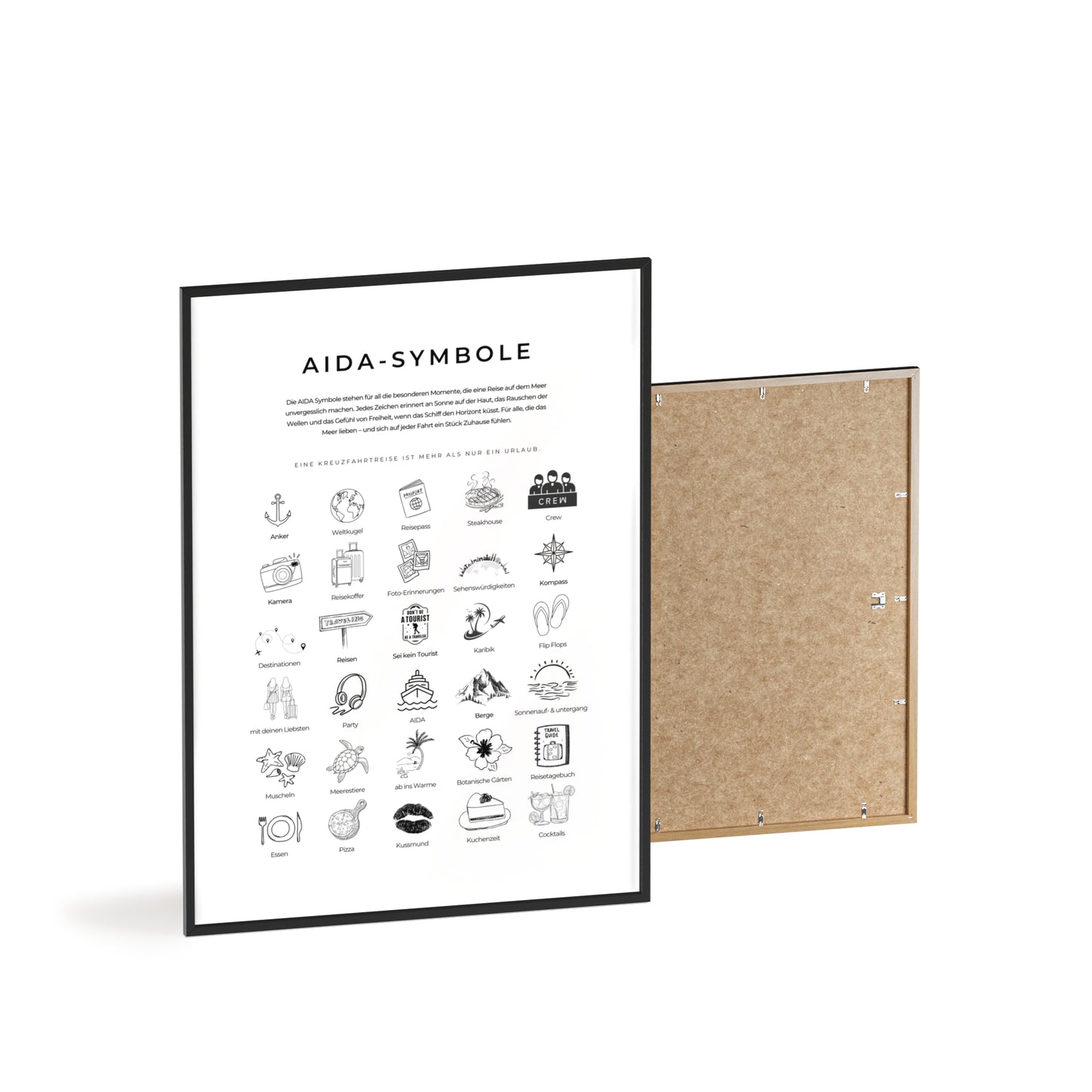 Wandposter mit Holzrahmen - AIDA und Reisesymbole