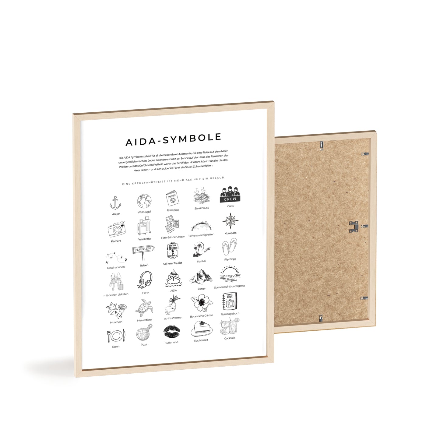 Wandposter mit Holzrahmen - AIDA und Reisesymbole