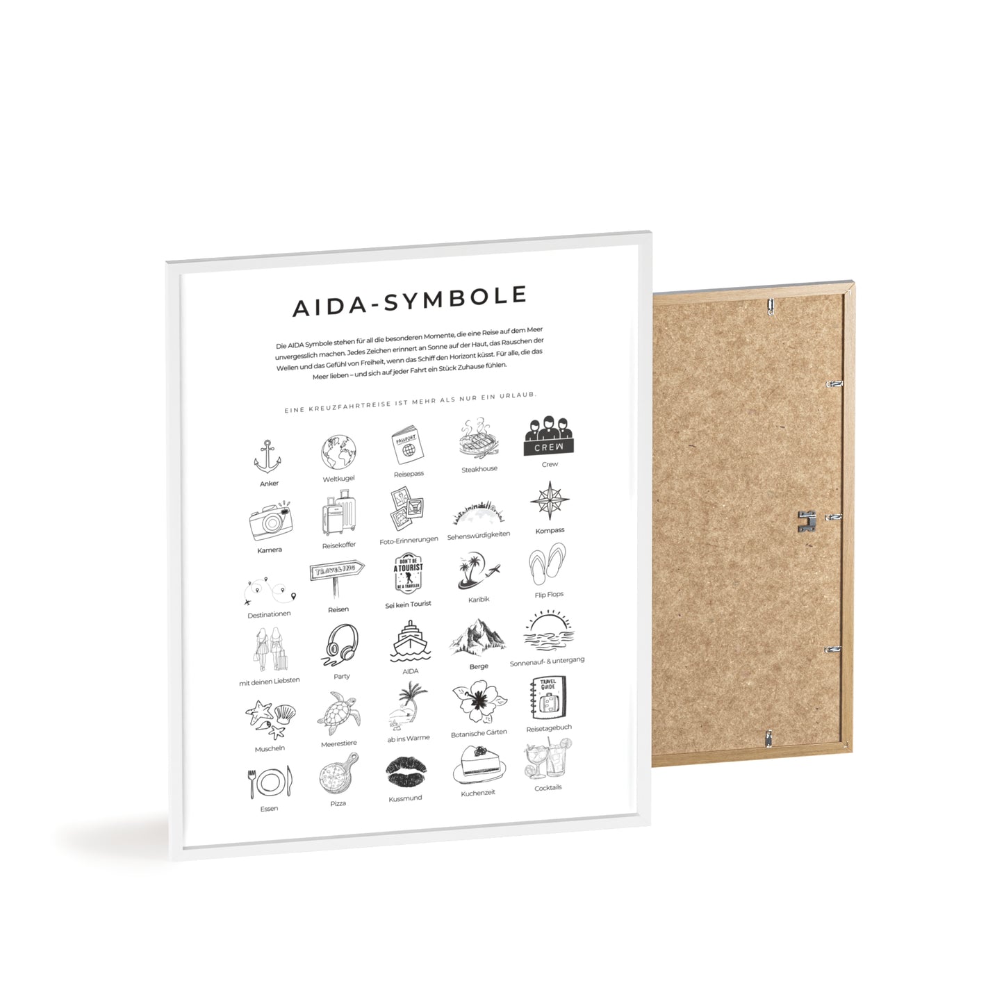 Wandposter mit Holzrahmen - AIDA und Reisesymbole