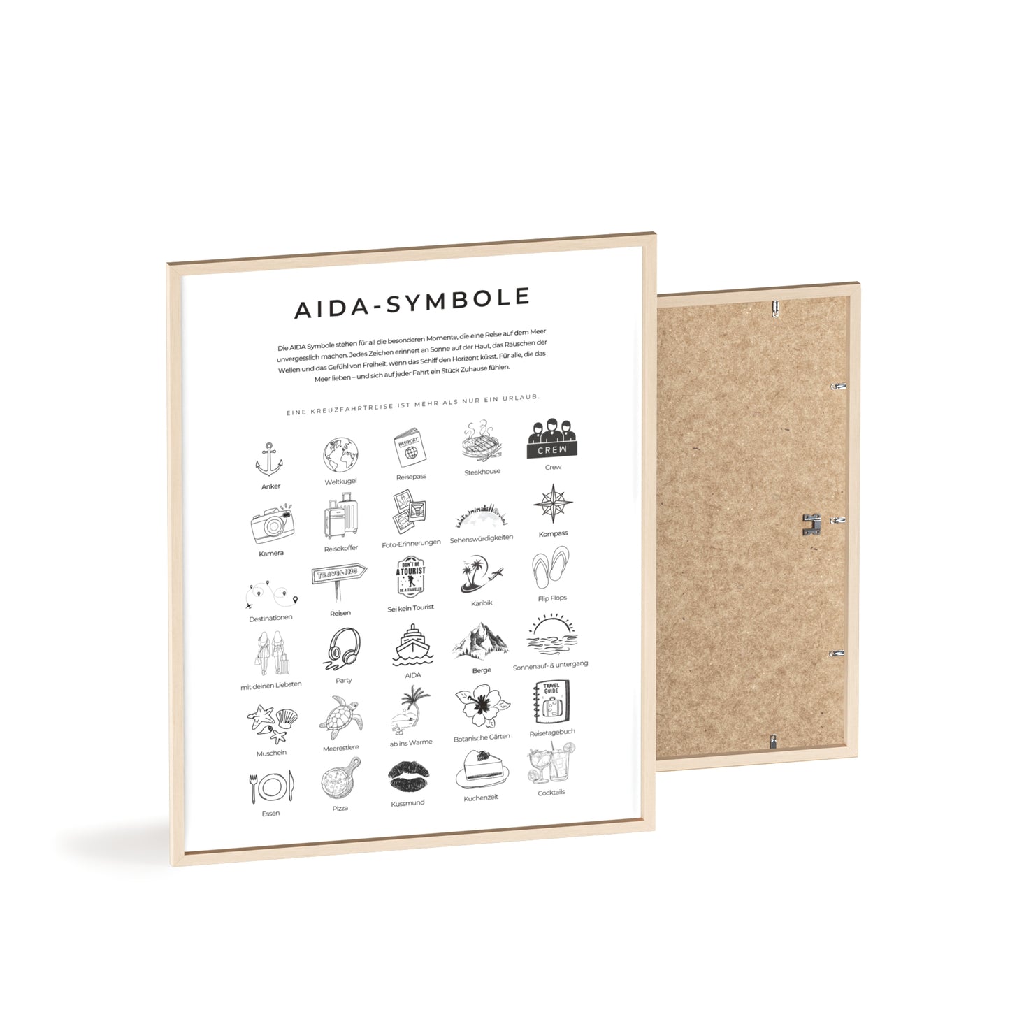Wandposter mit Holzrahmen - AIDA und Reisesymbole