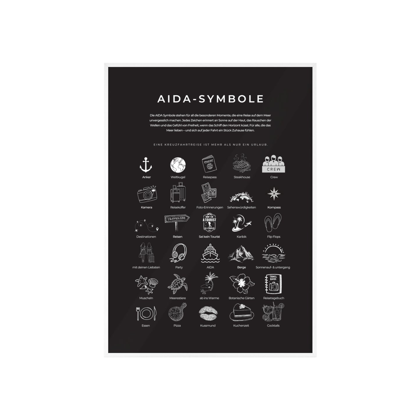 Wandposter mit Holzrahmen - AIDA & Reisesymbole schwarz