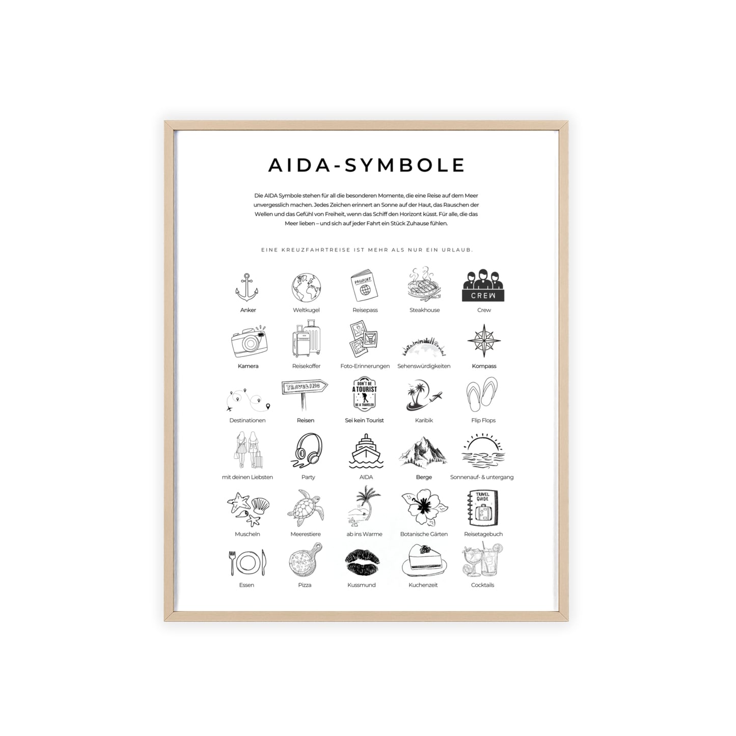 Wandposter mit Holzrahmen - AIDA und Reisesymbole