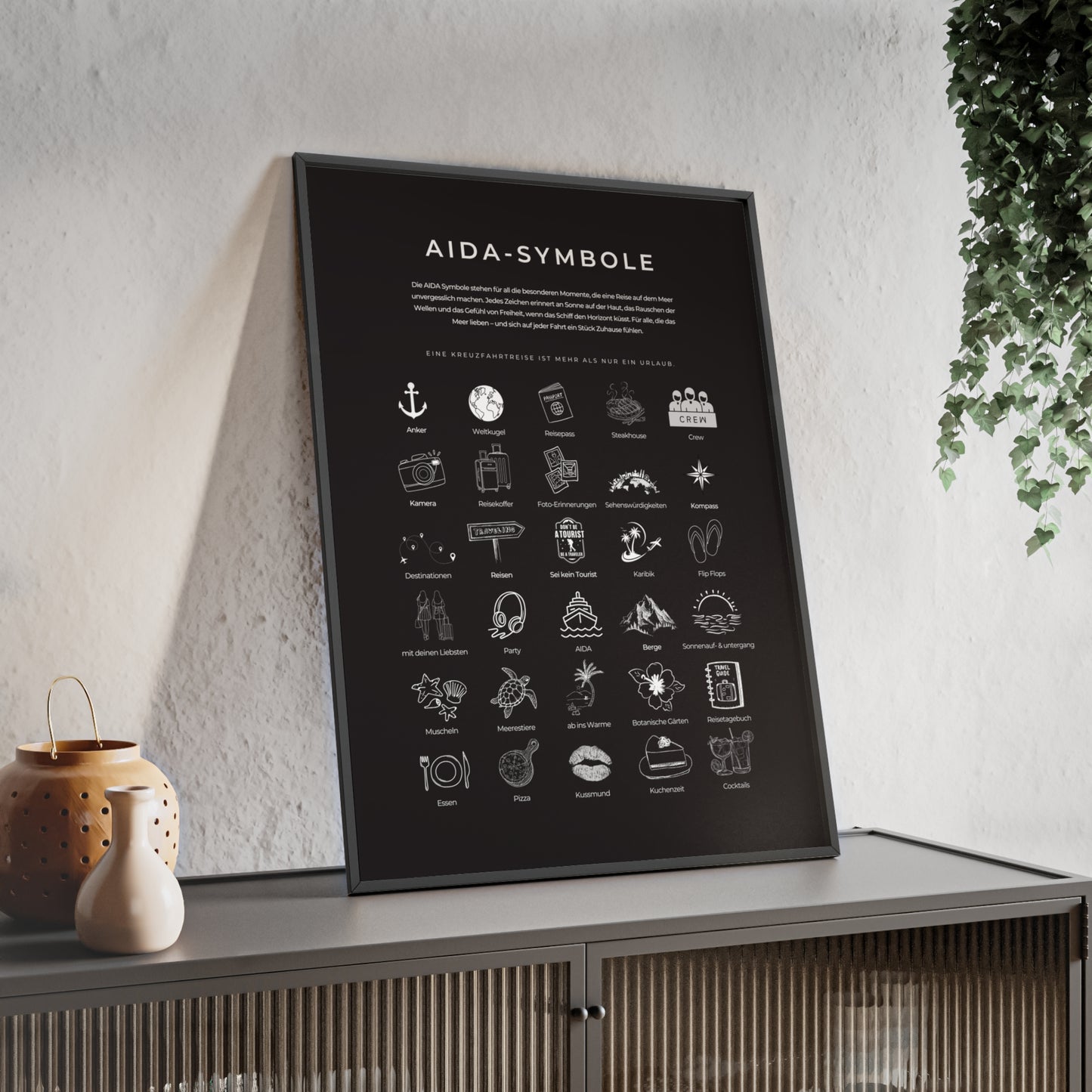 Wandposter mit Holzrahmen - AIDA & Reisesymbole schwarz
