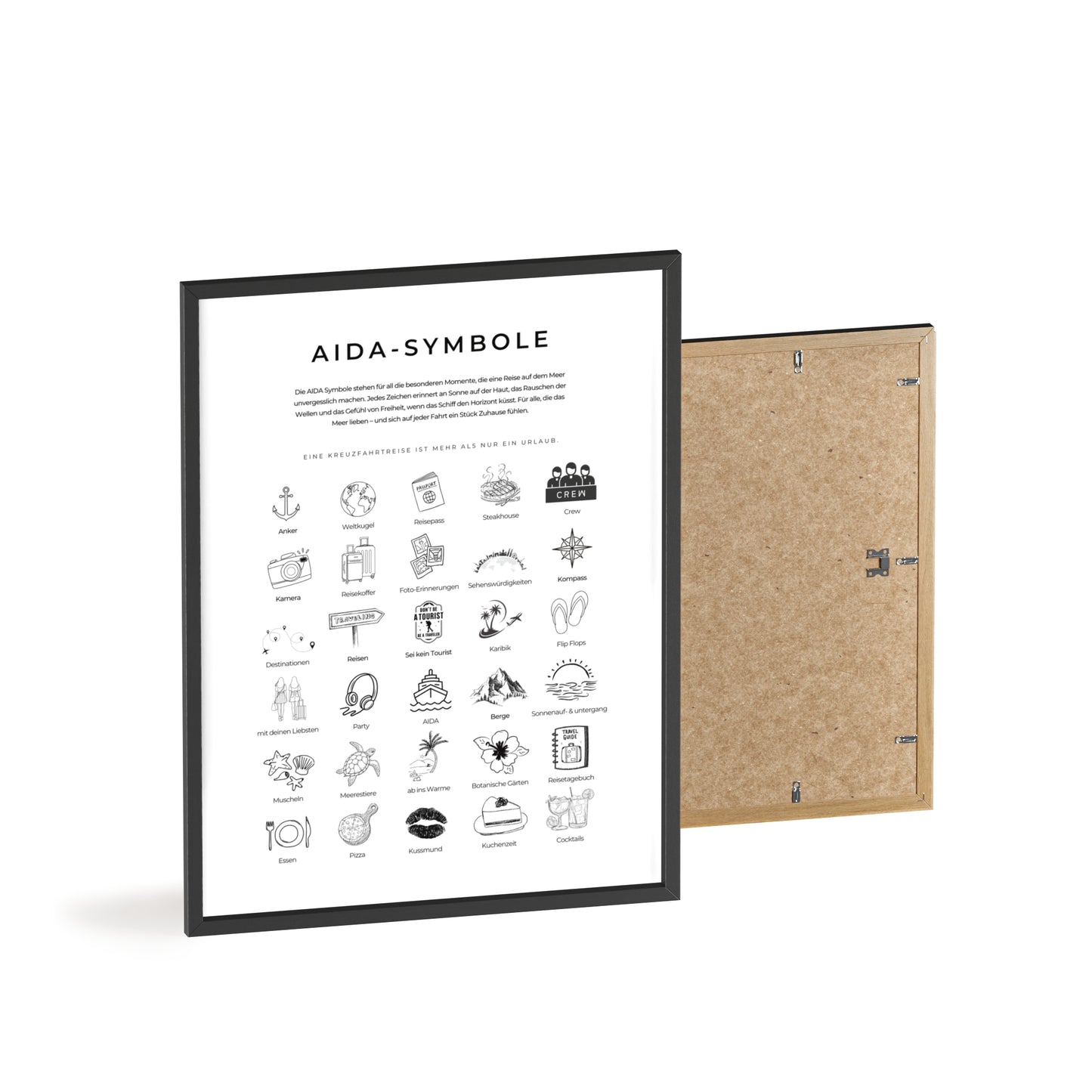 Wandposter mit Holzrahmen - AIDA und Reisesymbole
