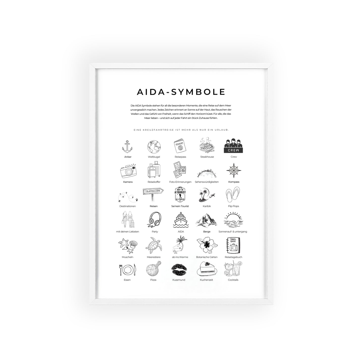 Wandposter mit Holzrahmen - AIDA und Reisesymbole