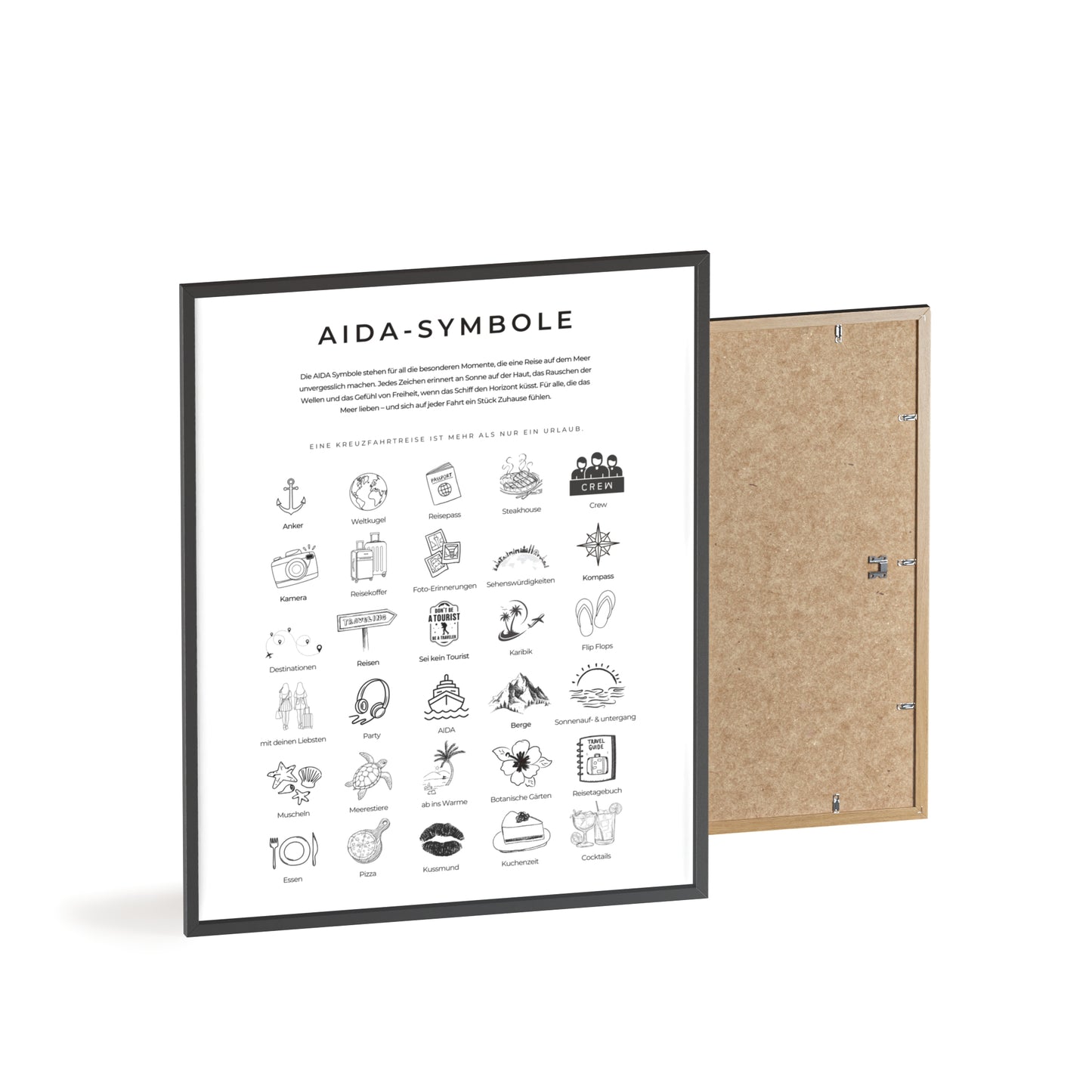 Wandposter mit Holzrahmen - AIDA und Reisesymbole