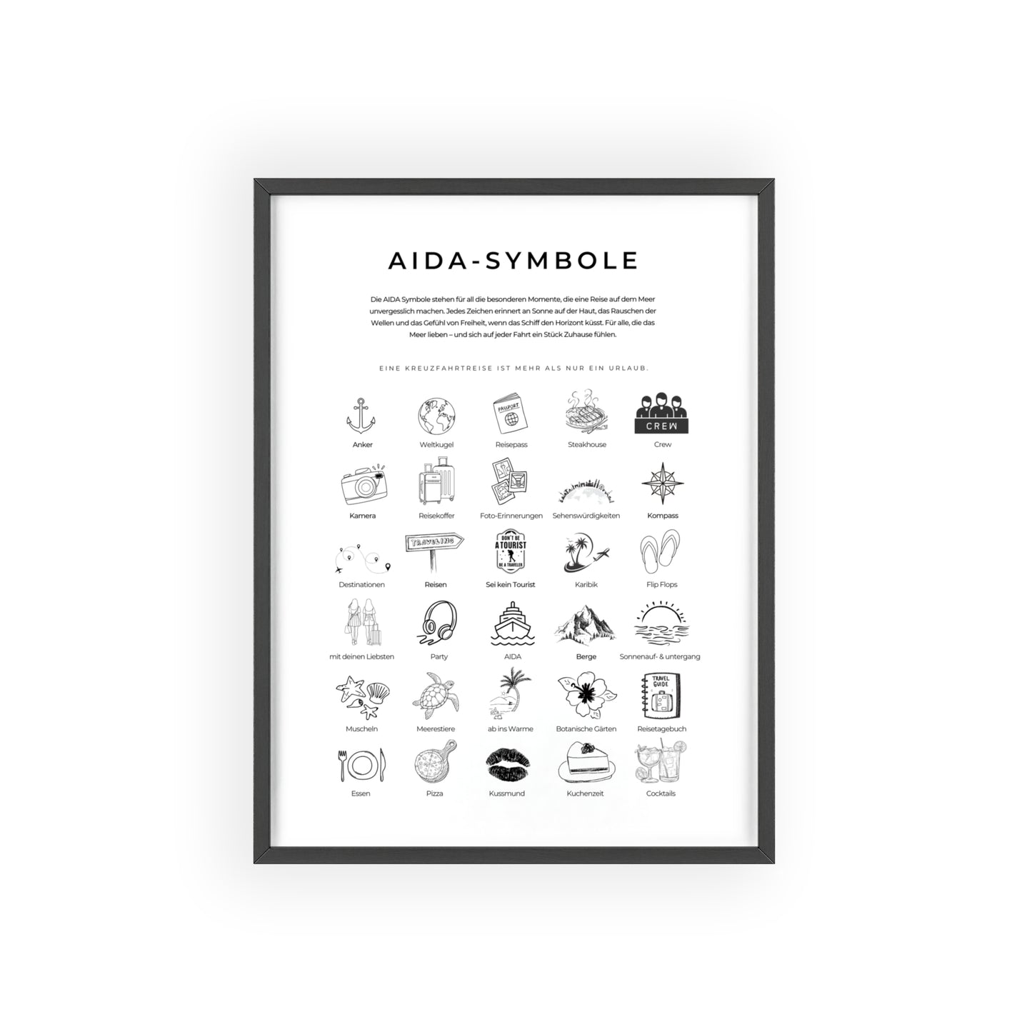 Wandposter mit Holzrahmen - AIDA und Reisesymbole
