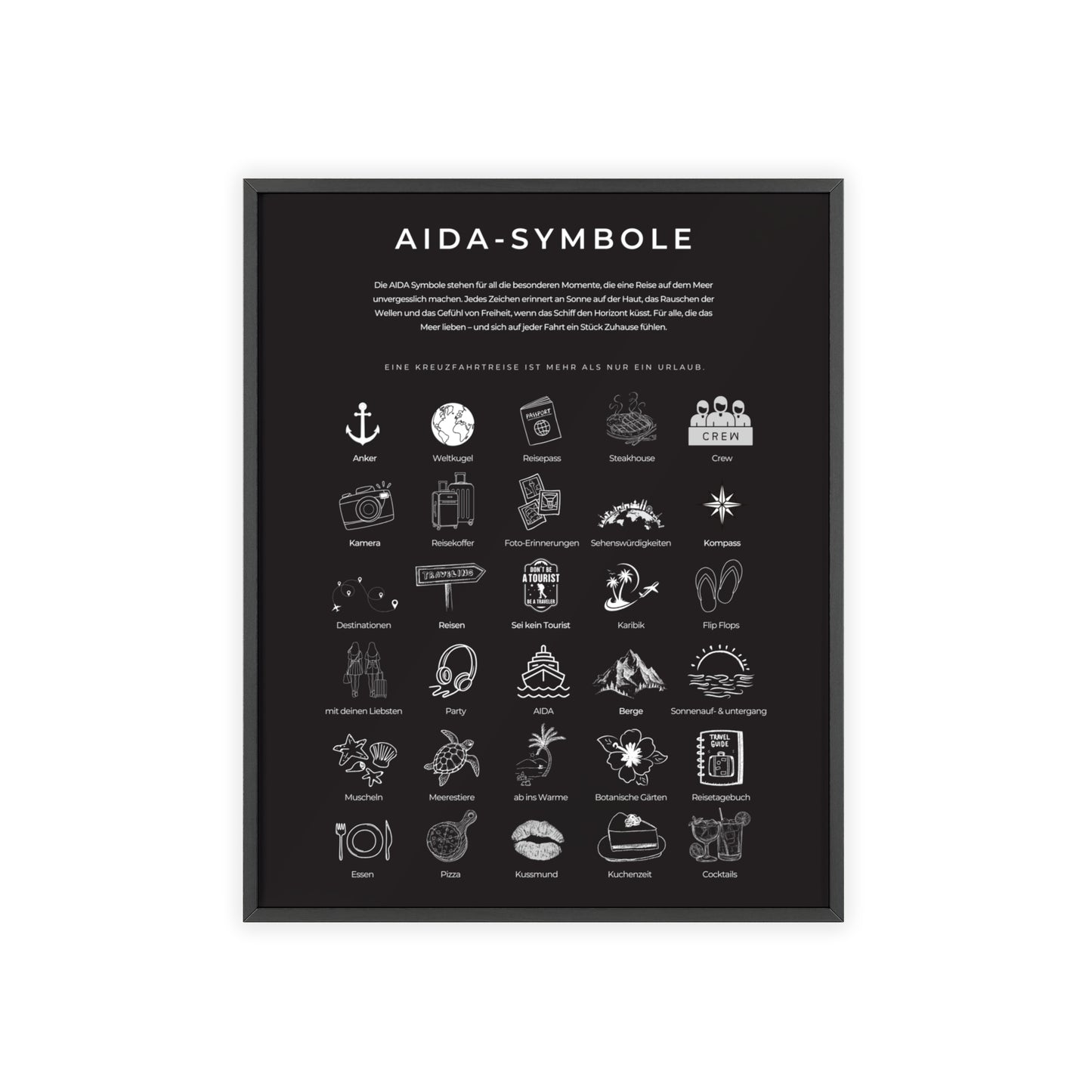 Wandposter mit Holzrahmen - AIDA & Reisesymbole schwarz