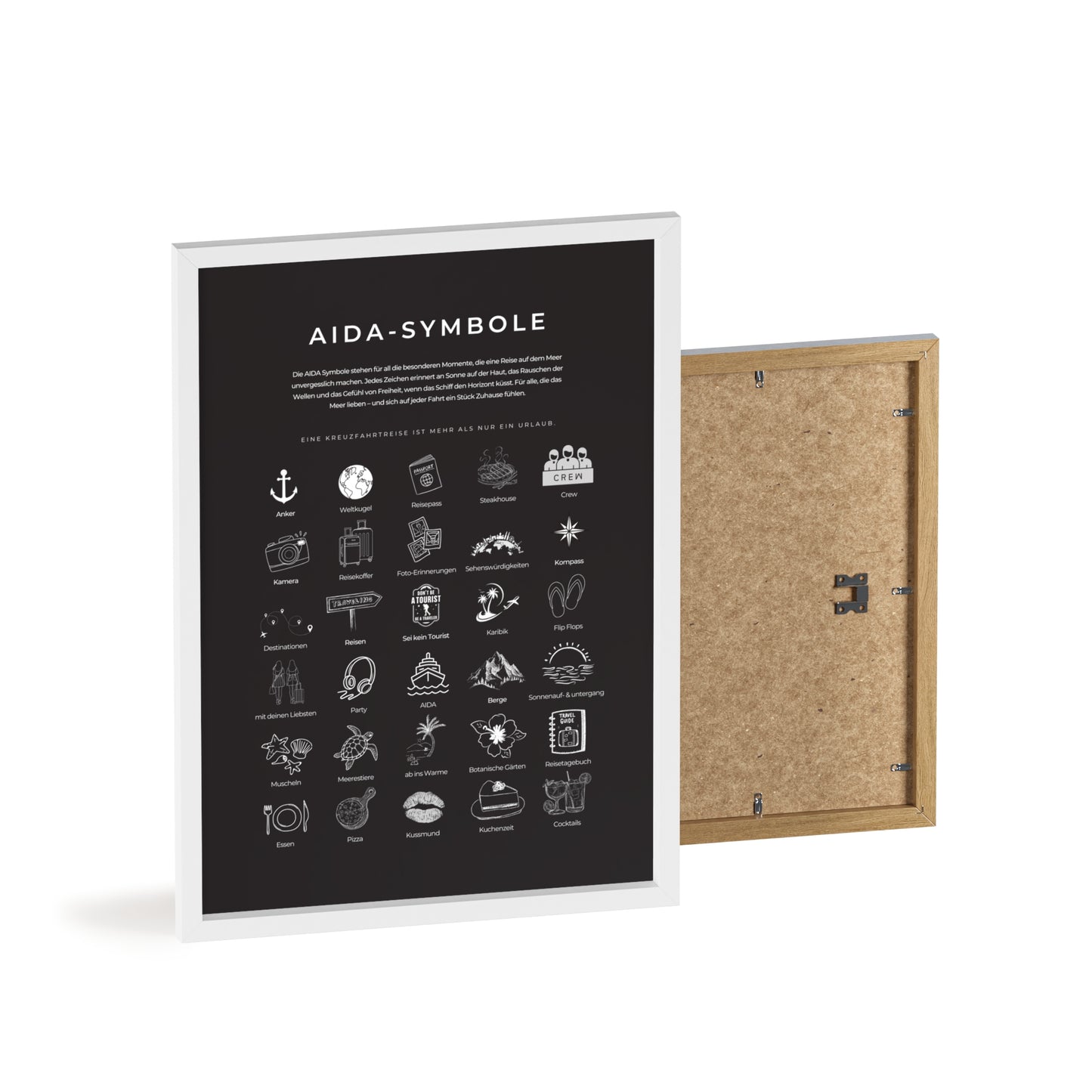 Wandposter mit Holzrahmen - AIDA & Reisesymbole schwarz