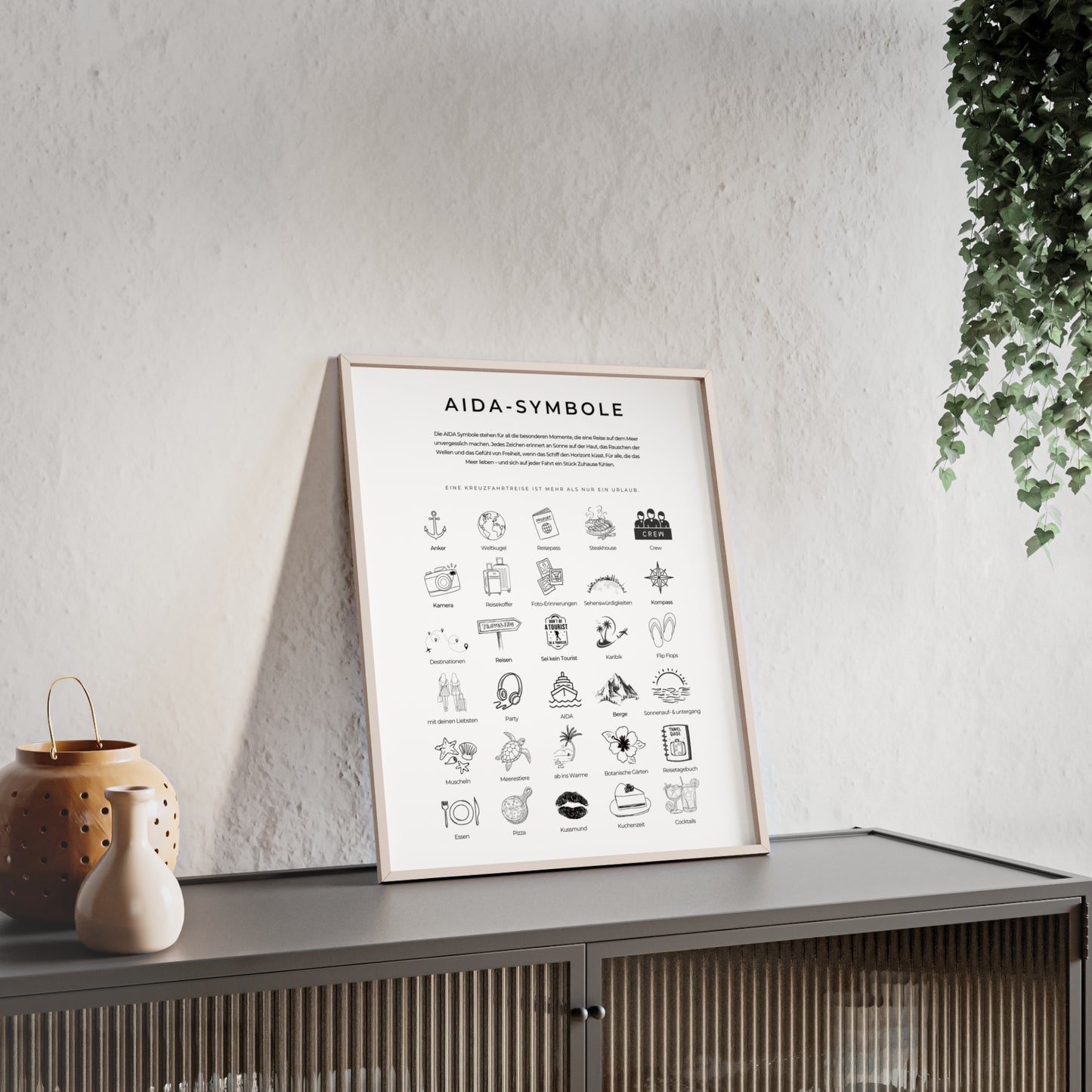 Wandposter mit Holzrahmen - AIDA und Reisesymbole