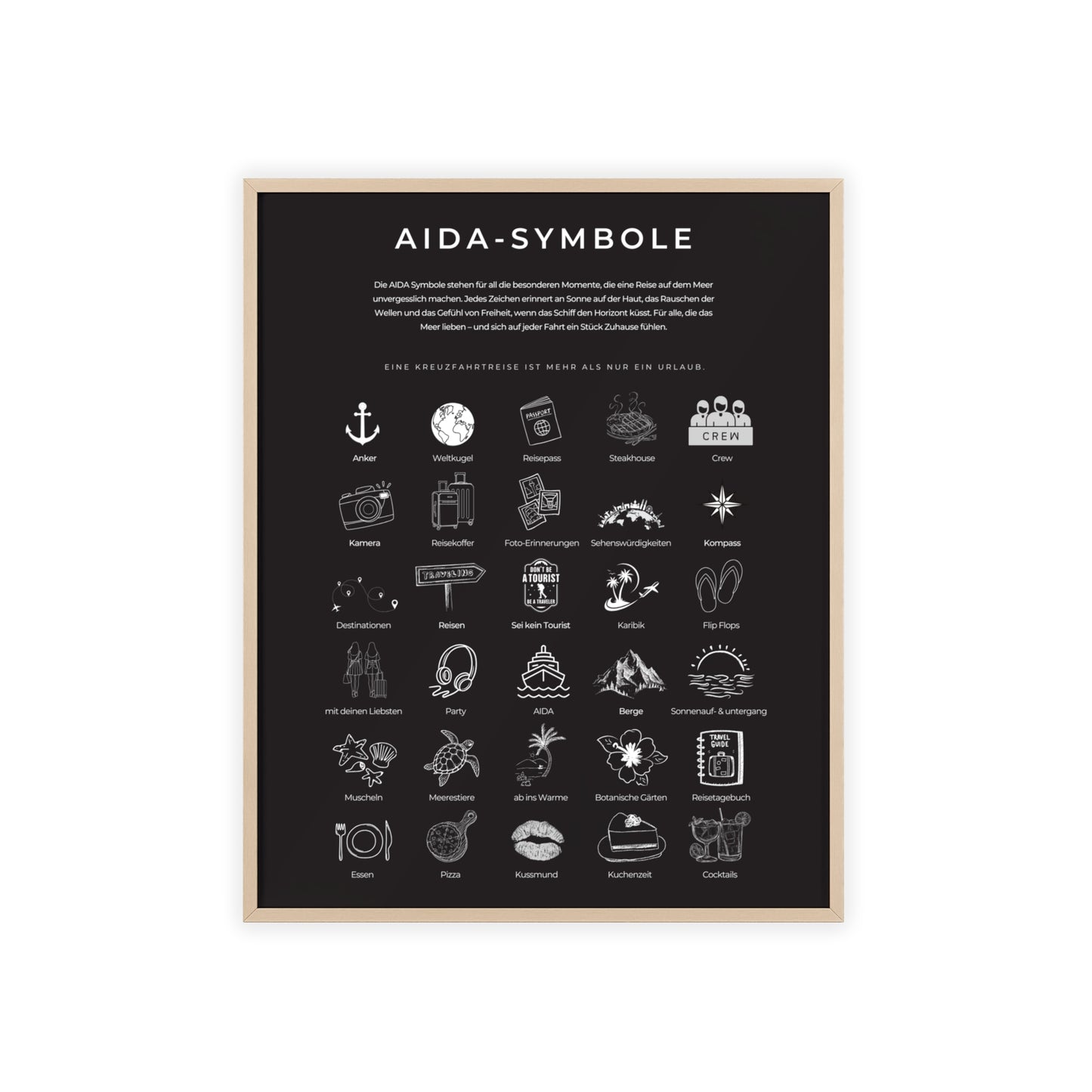 Wandposter mit Holzrahmen - AIDA & Reisesymbole schwarz