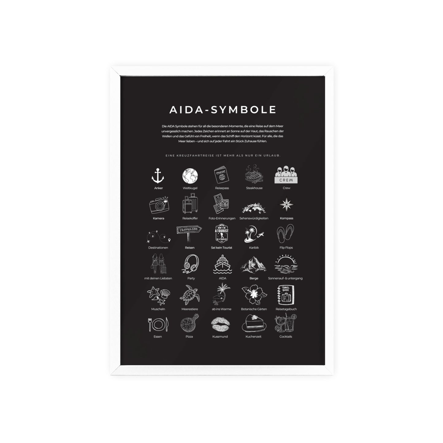 Wandposter mit Holzrahmen - AIDA & Reisesymbole schwarz
