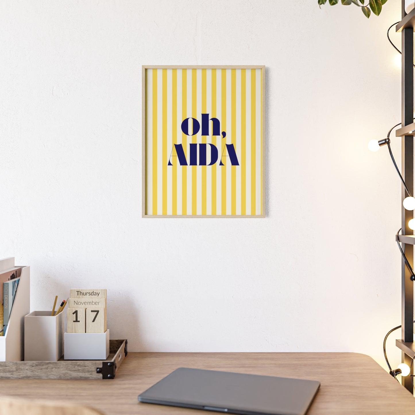 Poster with Wooden Frame - OH AIDA Yellow White Stripes
