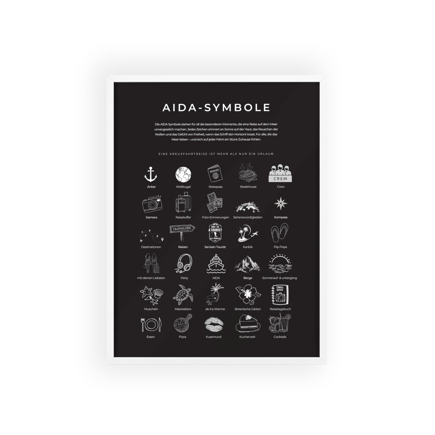 Wandposter mit Holzrahmen - AIDA & Reisesymbole schwarz