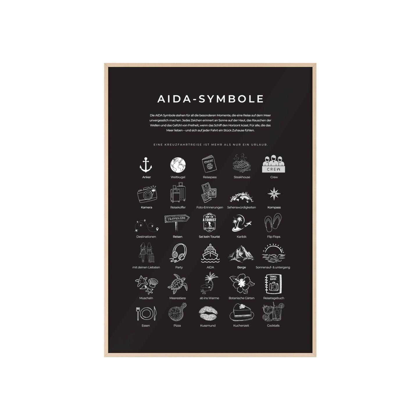 Wandposter mit Holzrahmen - AIDA & Reisesymbole schwarz