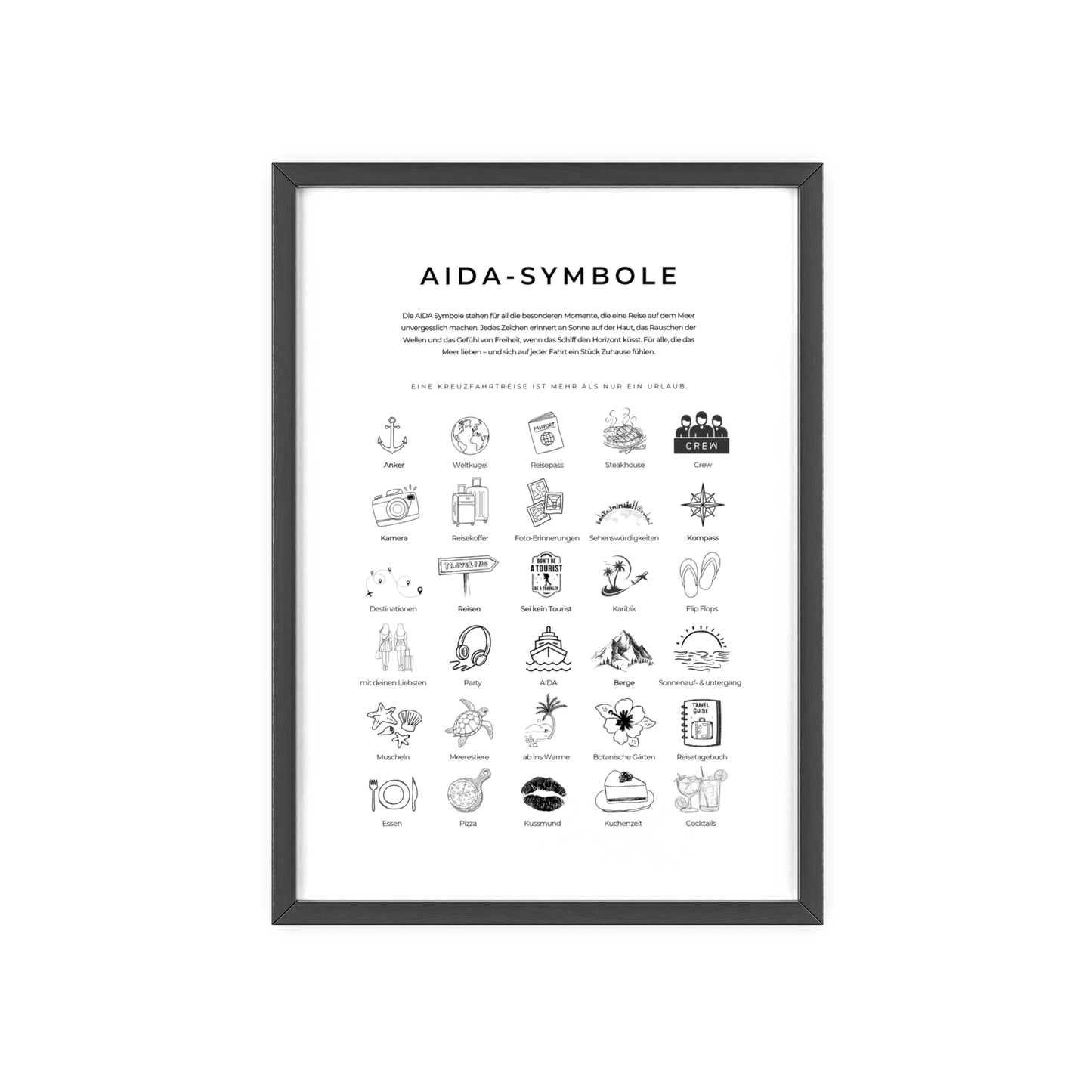 Wandposter mit Holzrahmen - AIDA und Reisesymbole