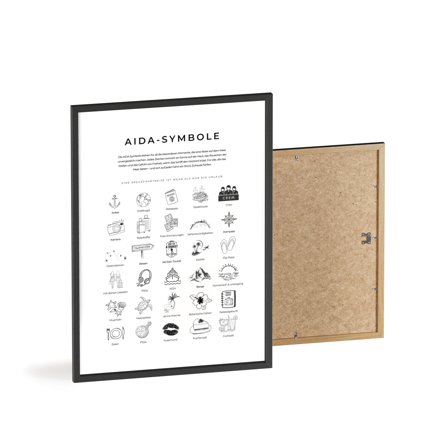Wandposter mit Holzrahmen - AIDA und Reisesymbole