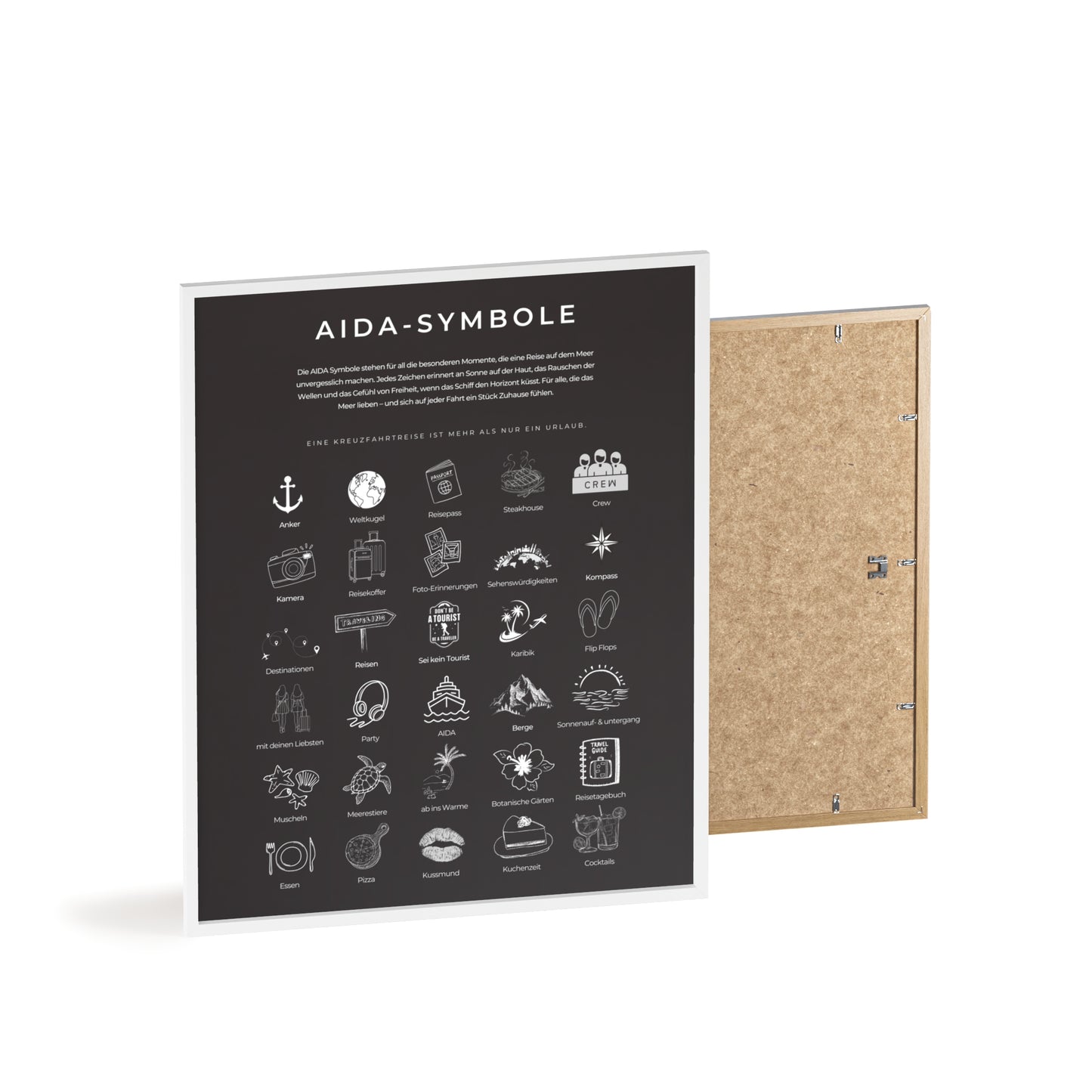 Wandposter mit Holzrahmen - AIDA & Reisesymbole schwarz
