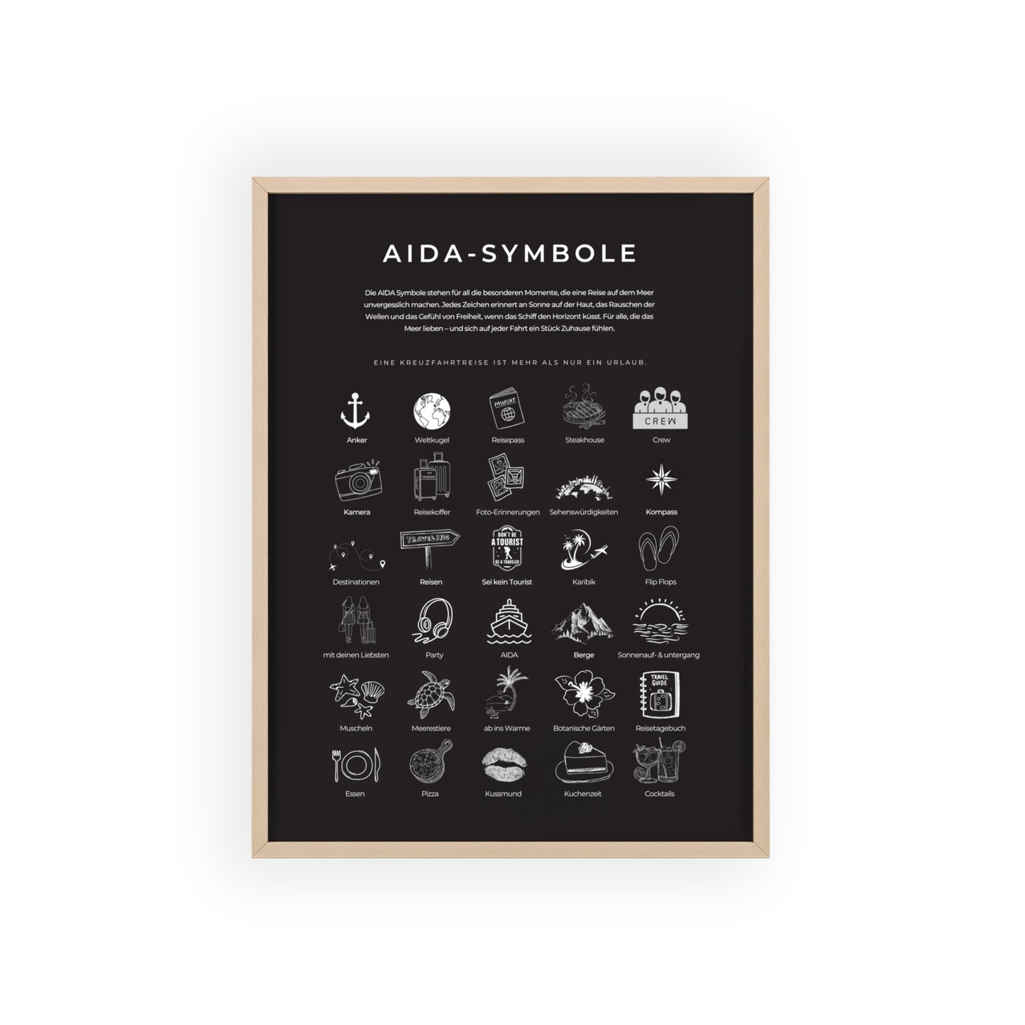 Wandposter mit Holzrahmen - AIDA & Reisesymbole schwarz