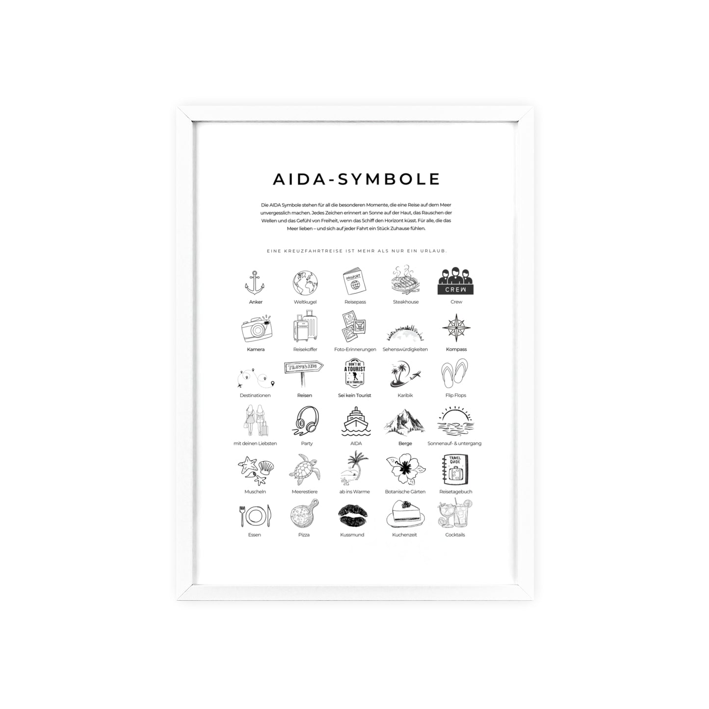 Wandposter mit Holzrahmen - AIDA und Reisesymbole